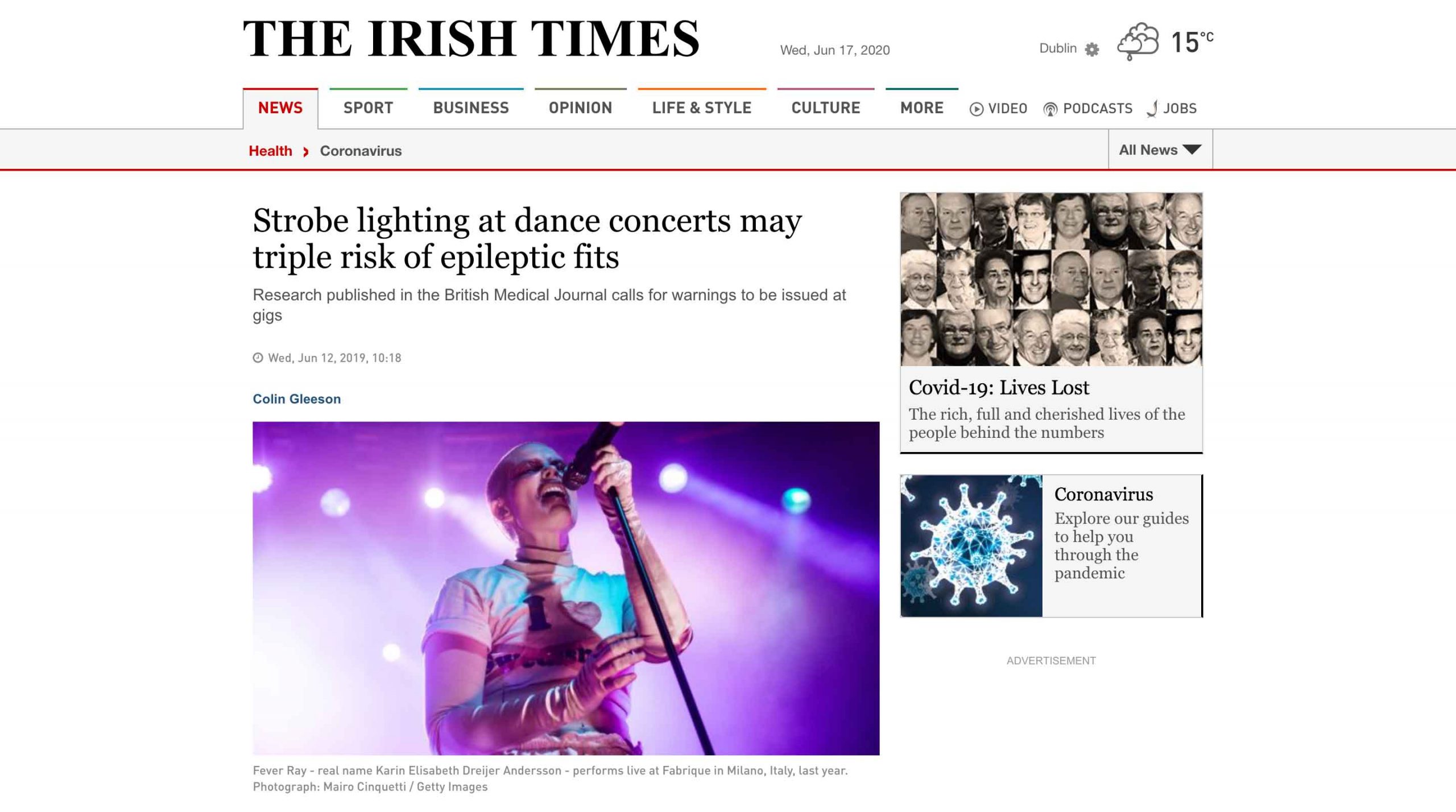 Il concerto di Fever Ray a Milano in una pubblicazione su The Irish Times, foto di Mairo Cinquetti