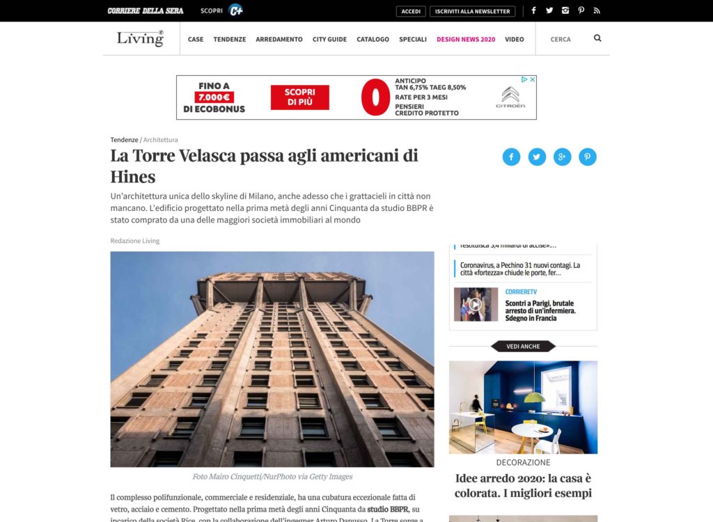 Torre Velasca a Milano in una pubblicazione su Living Corriere della Sera, foto di Mairo Cinquetti
