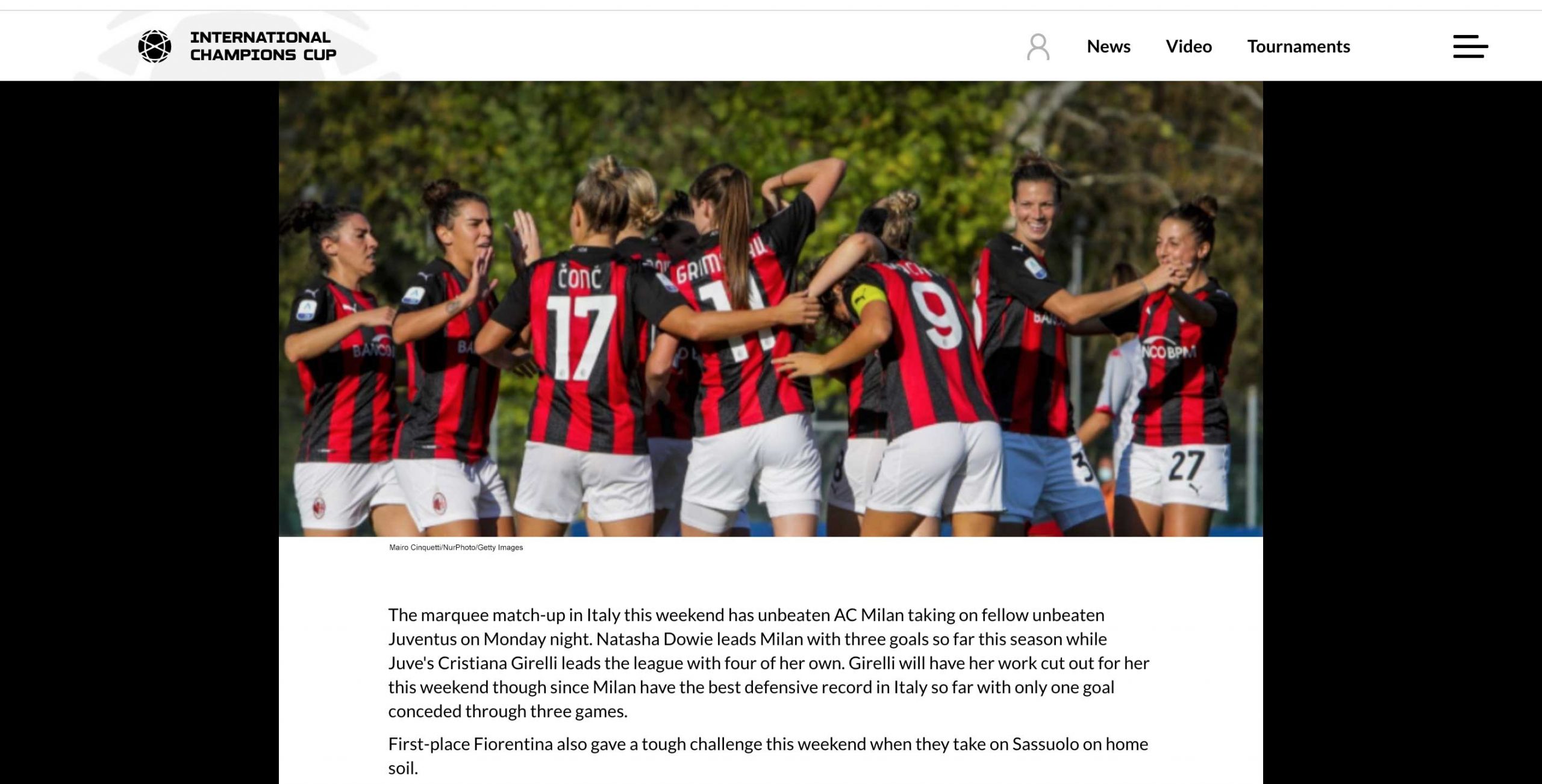 La squadra femminile del Milan in una pubblicazione su International Champions Cup, foto di Mairo Cinquetti
